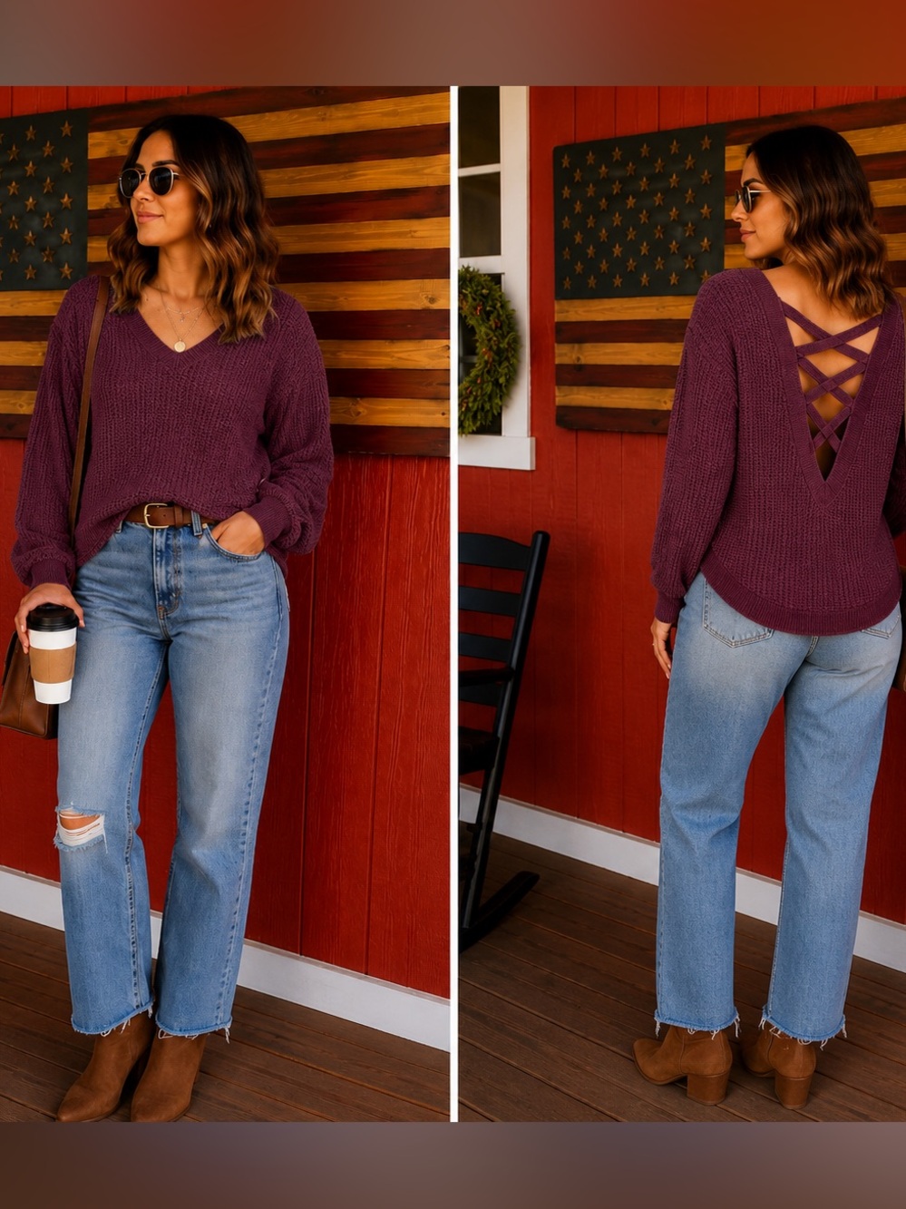 Ambiance V-Neck Long Sleeve Knit Top - Burgundy Plum